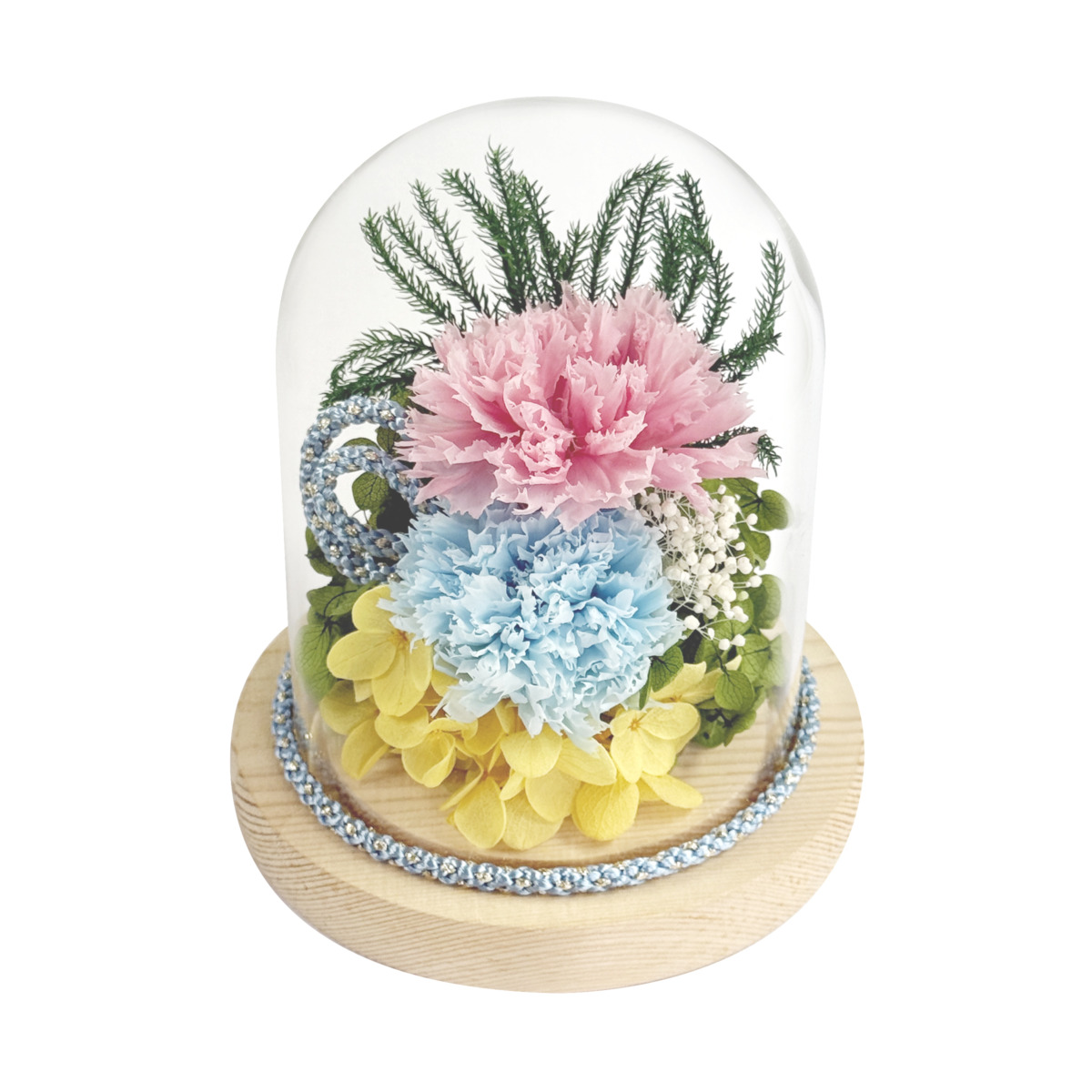 お供えガラスドームアレンジメント　紬ピンクブルー