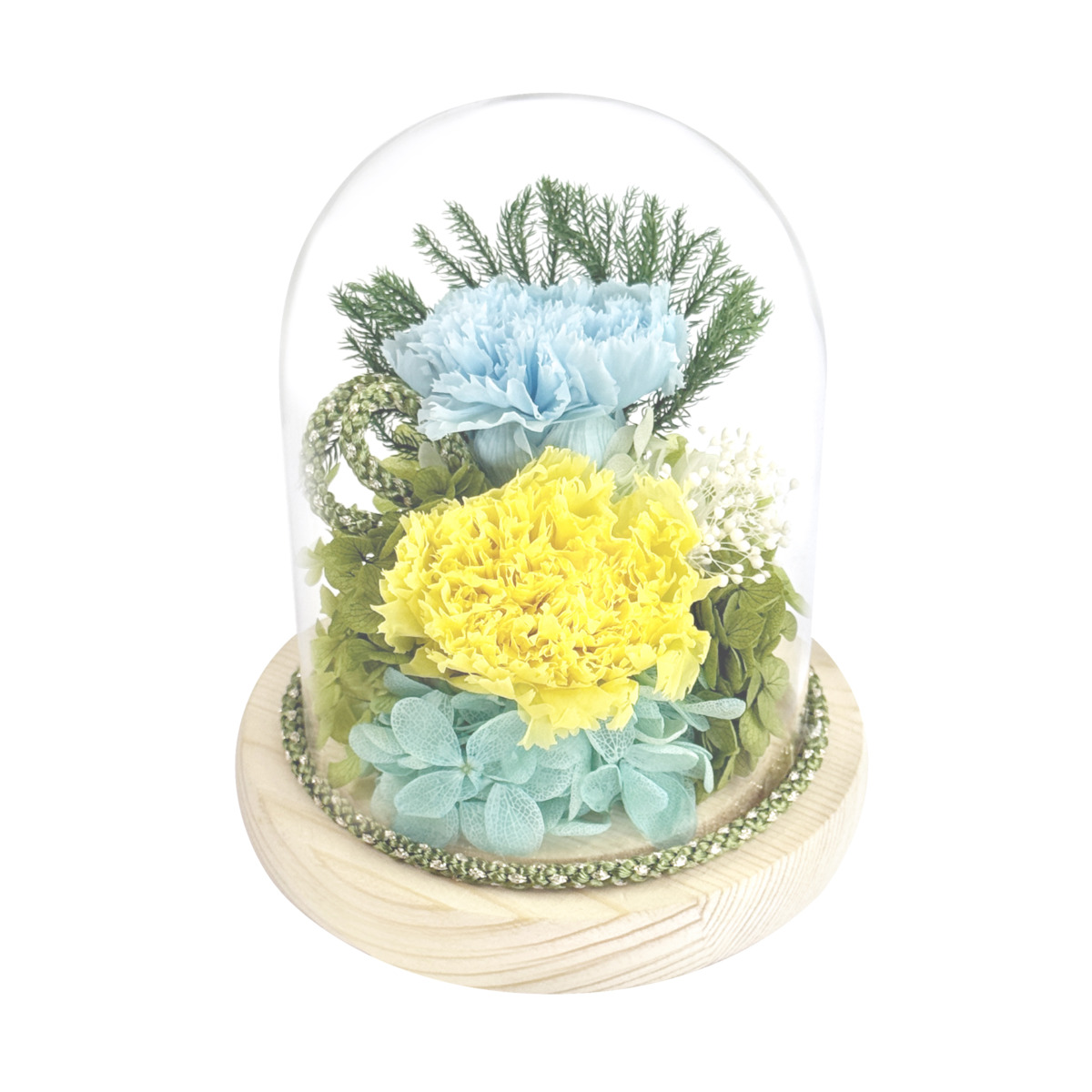 お供えガラスドームアレンジメント　紬ブルーイエロー