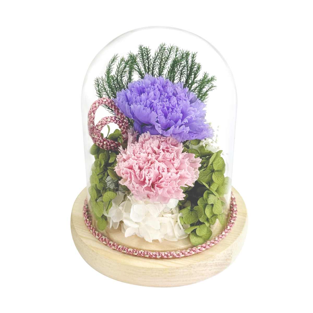 お供えガラスドームアレンジメント　紬パープルピンク