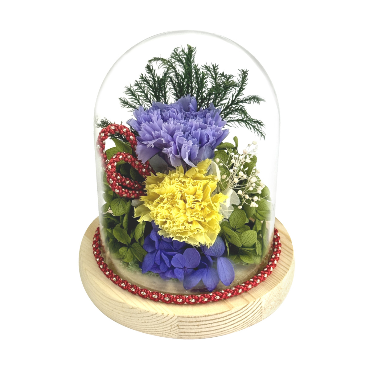 お供えガラスドームアレンジメント　紬パープルイエロー